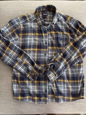 Patagonia Navy and Yellow Plaid Button-Down Flannel Shirt